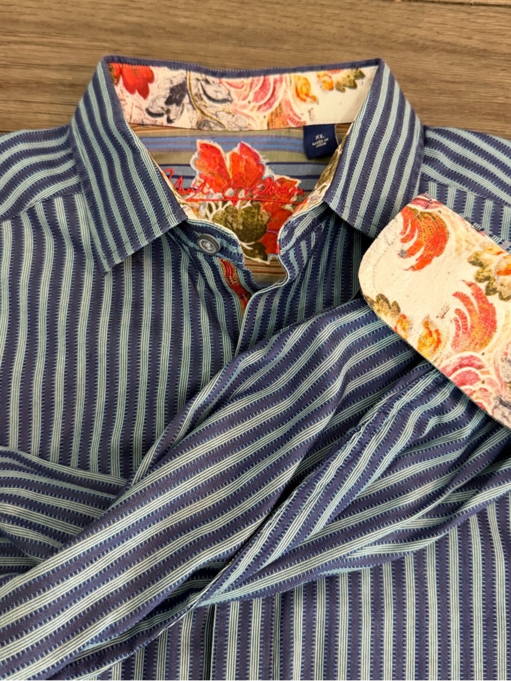 Robert Graham Navy & Light Blue Striped Dress Shirt w/ Floral Contrast XL read